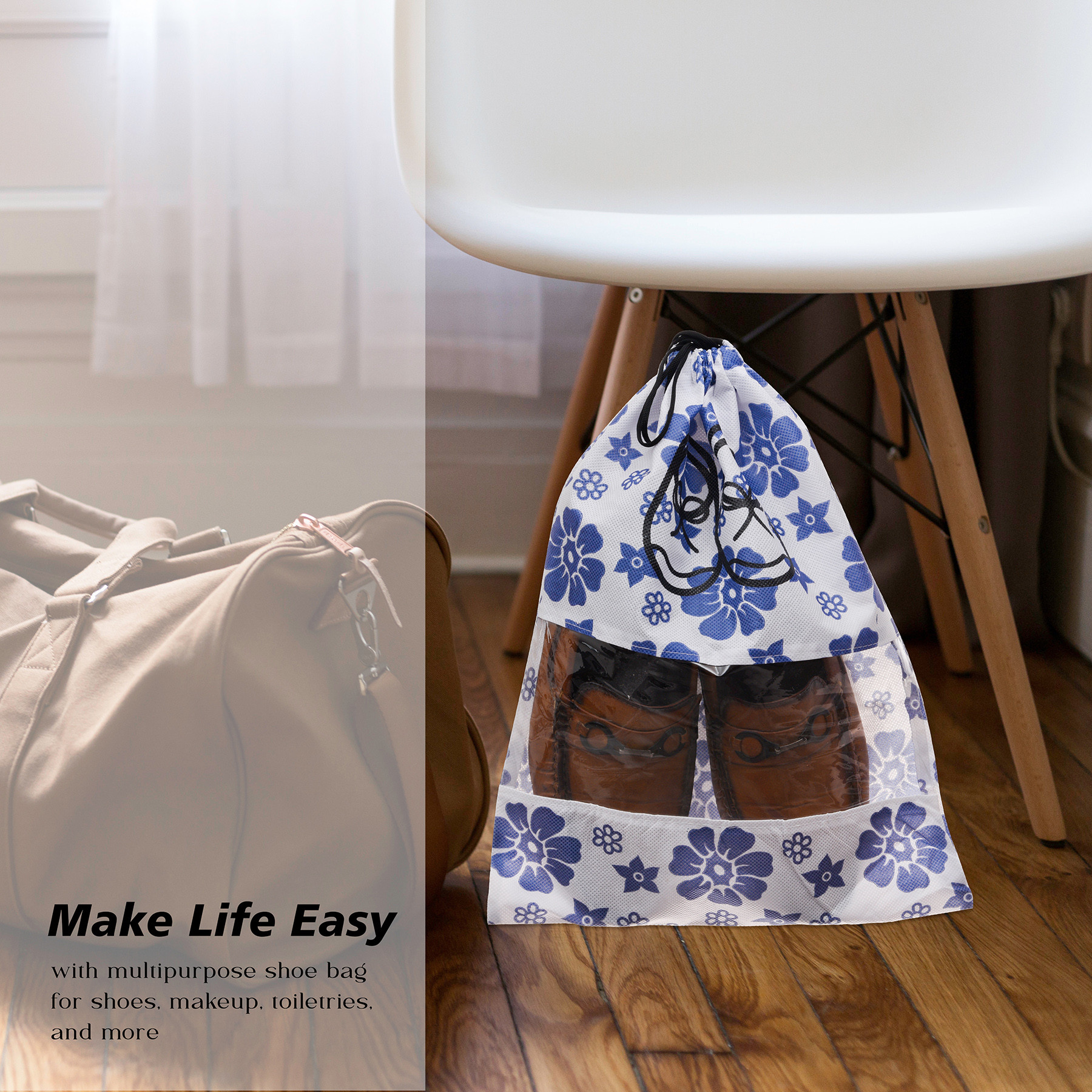 Kuber Industries Shoe Cover | Travel Shoe Storage Bags | Non-Woven Storage Bags | Shoe Cover with Drawstring | Shoe Organizer with Clear window | Blue Flower-Design | White