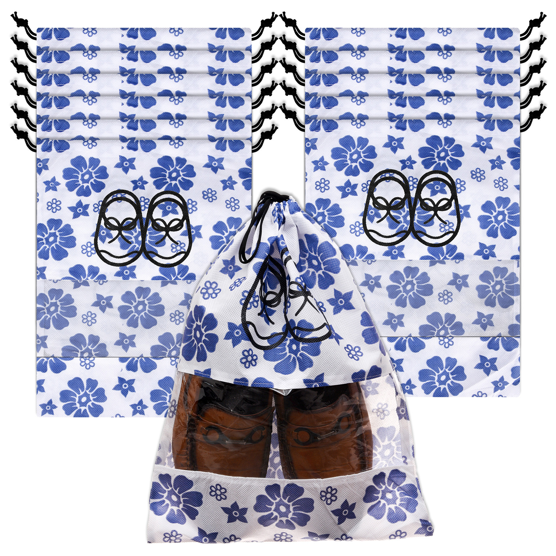 Kuber Industries Shoe Cover | Travel Shoe Storage Bags | Non-Woven Storage Bags | Shoe Cover with Drawstring | Shoe Organizer with Clear window | Blue Flower-Design | White