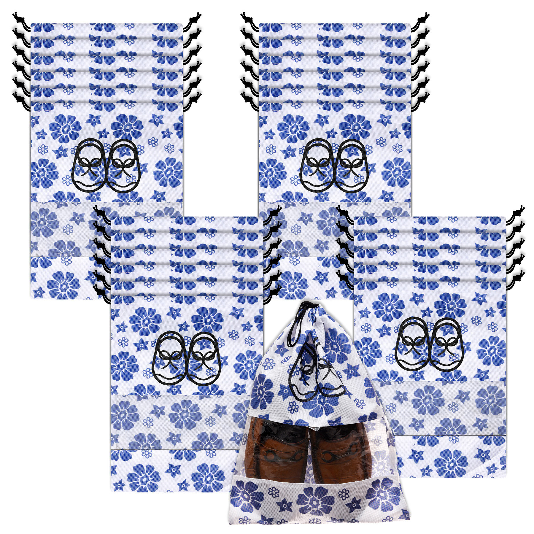 Kuber Industries Shoe Cover | Travel Shoe Storage Bags | Non-Woven Storage Bags | Shoe Cover with Drawstring | Shoe Organizer with Clear window | Blue Flower-Design | White