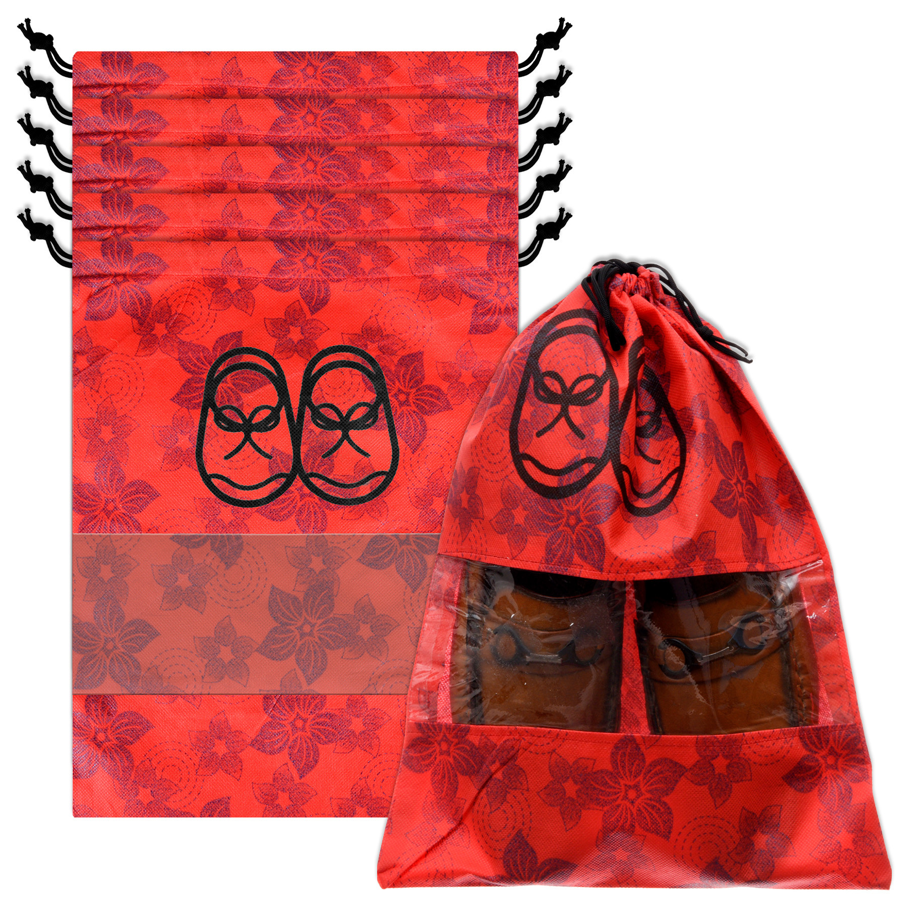 Kuber Industries Shoe Cover | Travel Shoe Storage Bags | Non-Woven Storage Bags | Shoe Cover with Drawstring | Shoe Organizer with Clear window | Flower-Design | Pack of 6 | Red