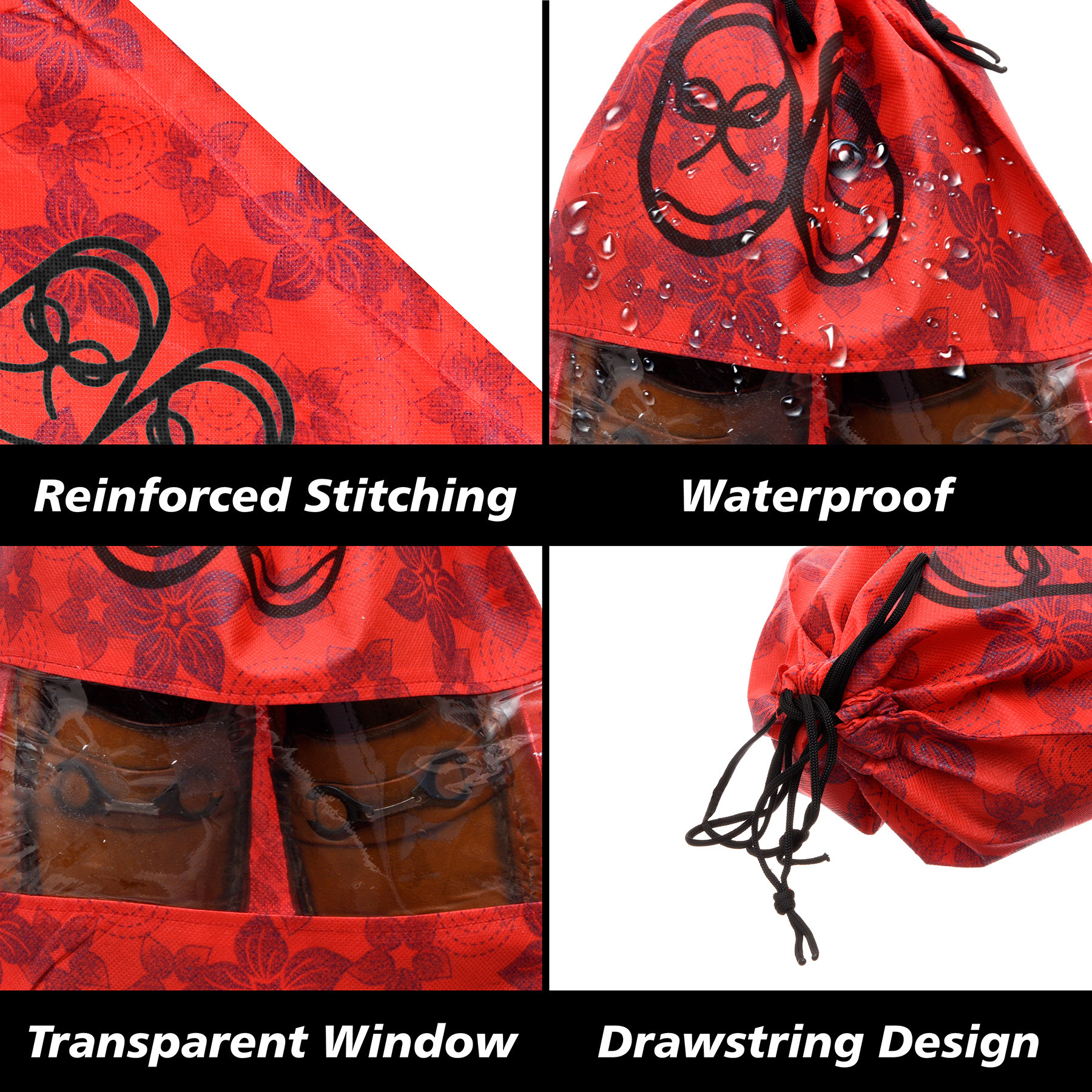 Kuber Industries Shoe Cover | Travel Shoe Storage Bags | Non-Woven Storage Bags | Shoe Cover with Drawstring | Shoe Organizer with Clear window | Flower-Design | Pack of 6 | Red