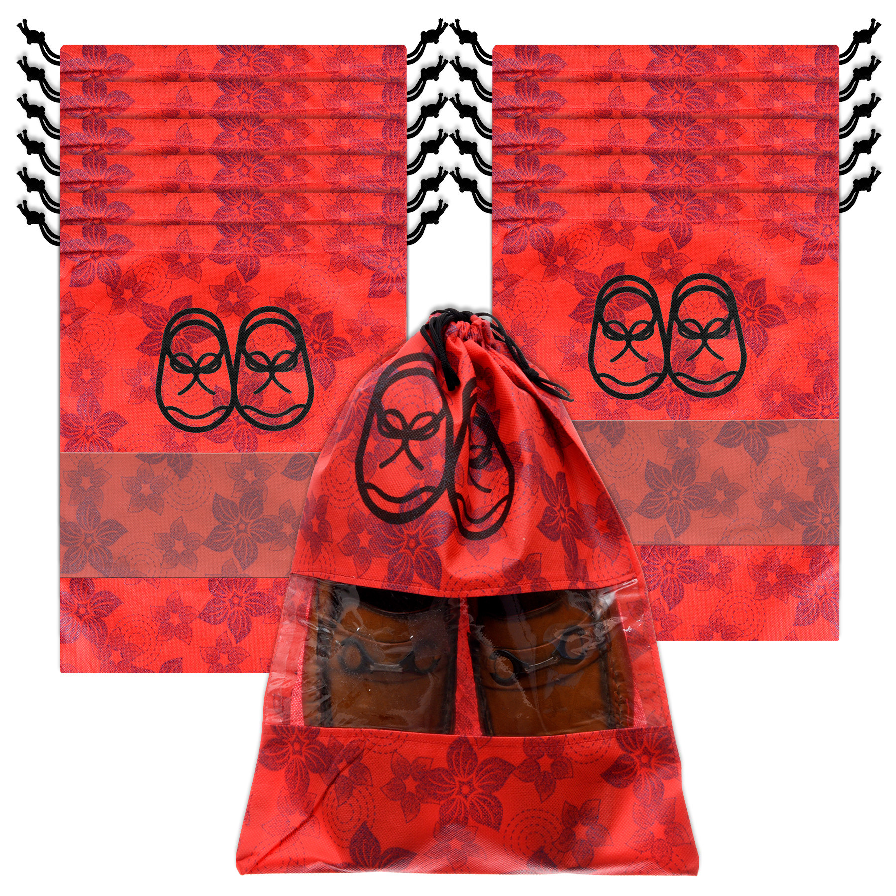 Kuber Industries Shoe Cover | Travel Shoe Storage Bags | Non-Woven Storage Bags | Shoe Cover with Drawstring | Shoe Organizer with Clear window | Flower-Design | Pack of 6 | Red