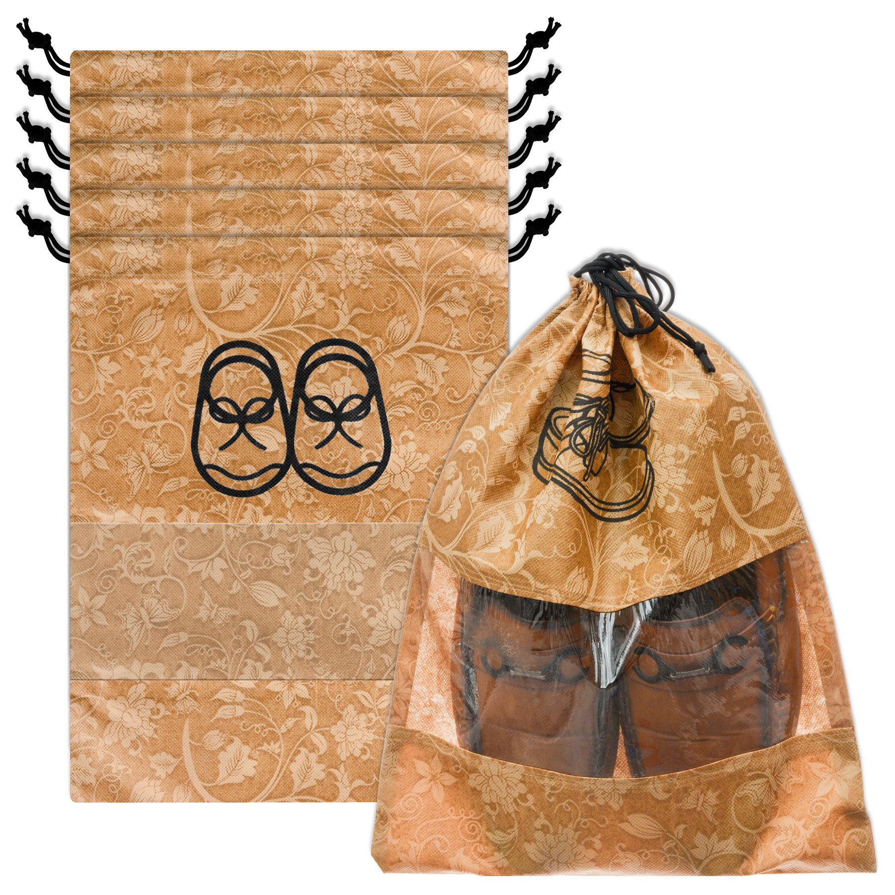 Kuber Industries Shoe Cover | Travel Shoe Storage Bags | Non-Woven Storage Bags | Shoe Cover with Drawstring | Shoe Organizer with Clear window | Flower-Design |Brown