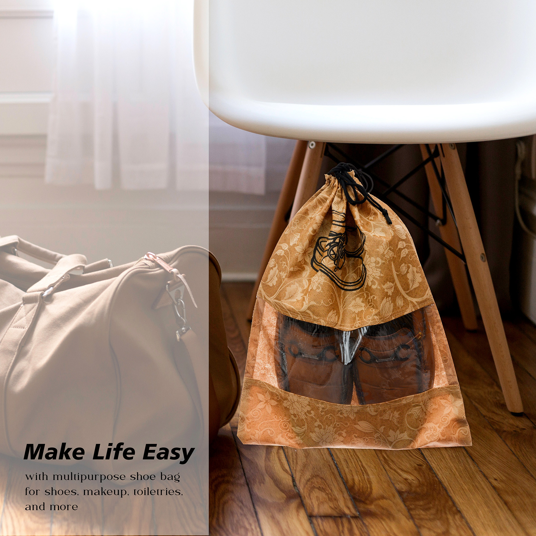 Kuber Industries Shoe Cover | Travel Shoe Storage Bags | Non-Woven Storage Bags | Shoe Cover with Drawstring | Shoe Organizer with Clear window | Flower-Design |Brown