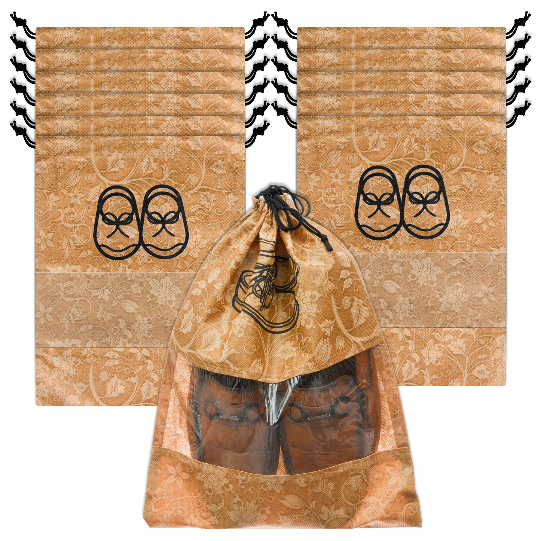 Kuber Industries Shoe Cover | Travel Shoe Storage Bags | Non-Woven Storage Bags | Shoe Cover with Drawstring | Shoe Organizer with Clear window | Flower-Design |Brown