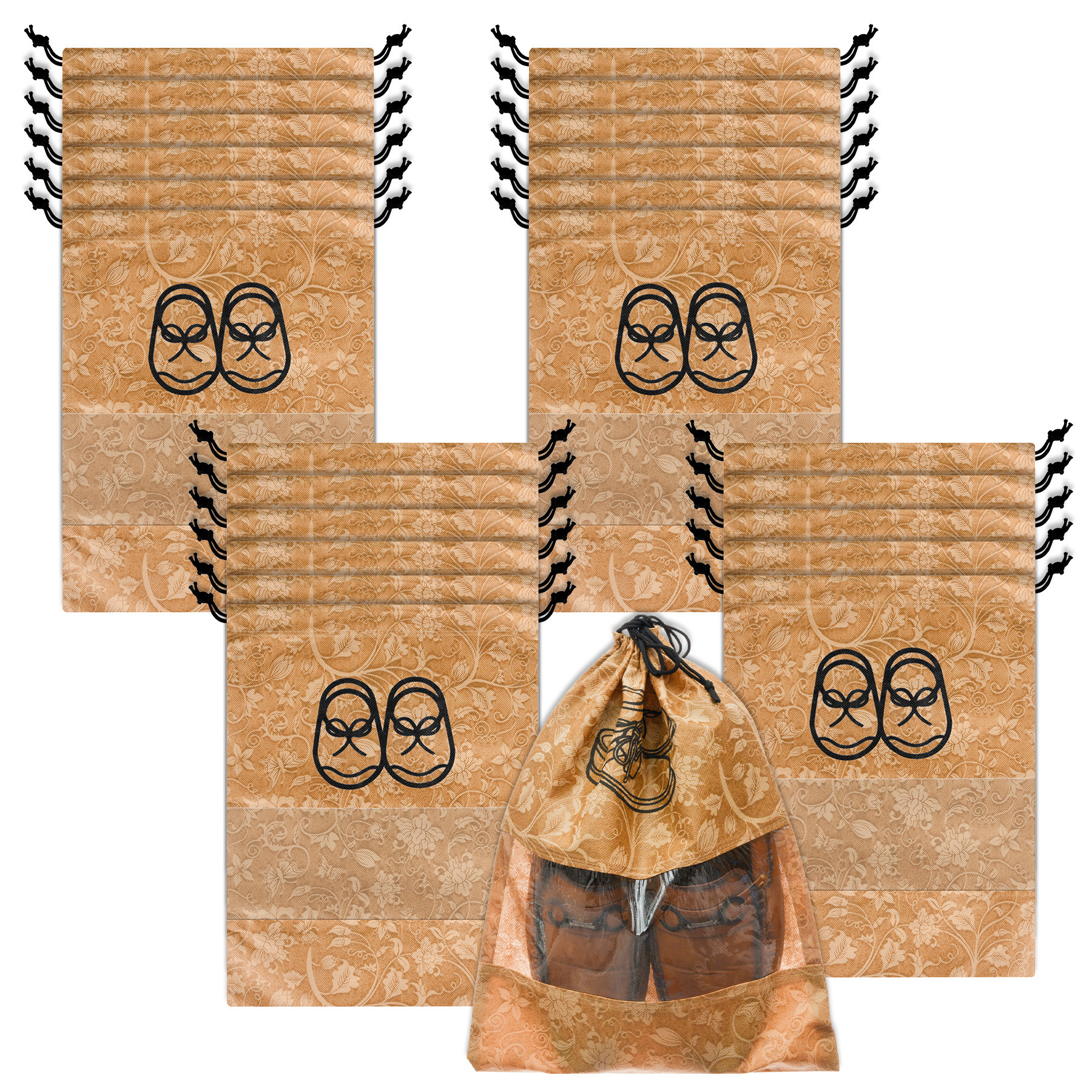 Kuber Industries Shoe Cover | Travel Shoe Storage Bags | Non-Woven Storage Bags | Shoe Cover with Drawstring | Shoe Organizer with Clear window | Flower-Design |Brown