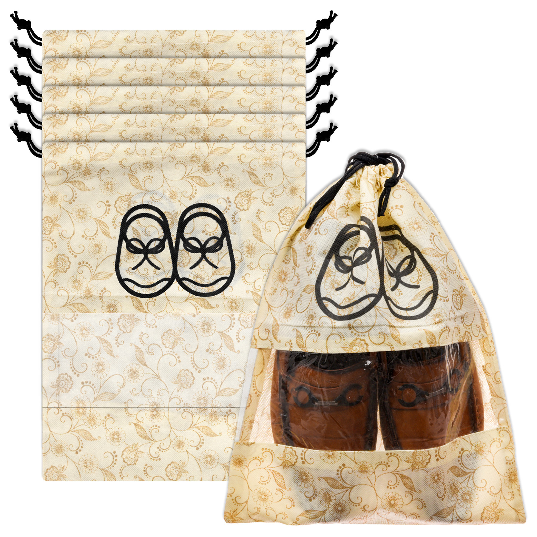 Kuber Industries Shoe Cover | Travel Shoe Storage Bags | Non-Woven Storage Bags | Shoe Cover with Drawstring | Shoe Organizer with Clear window | Leaf-Design |Cream