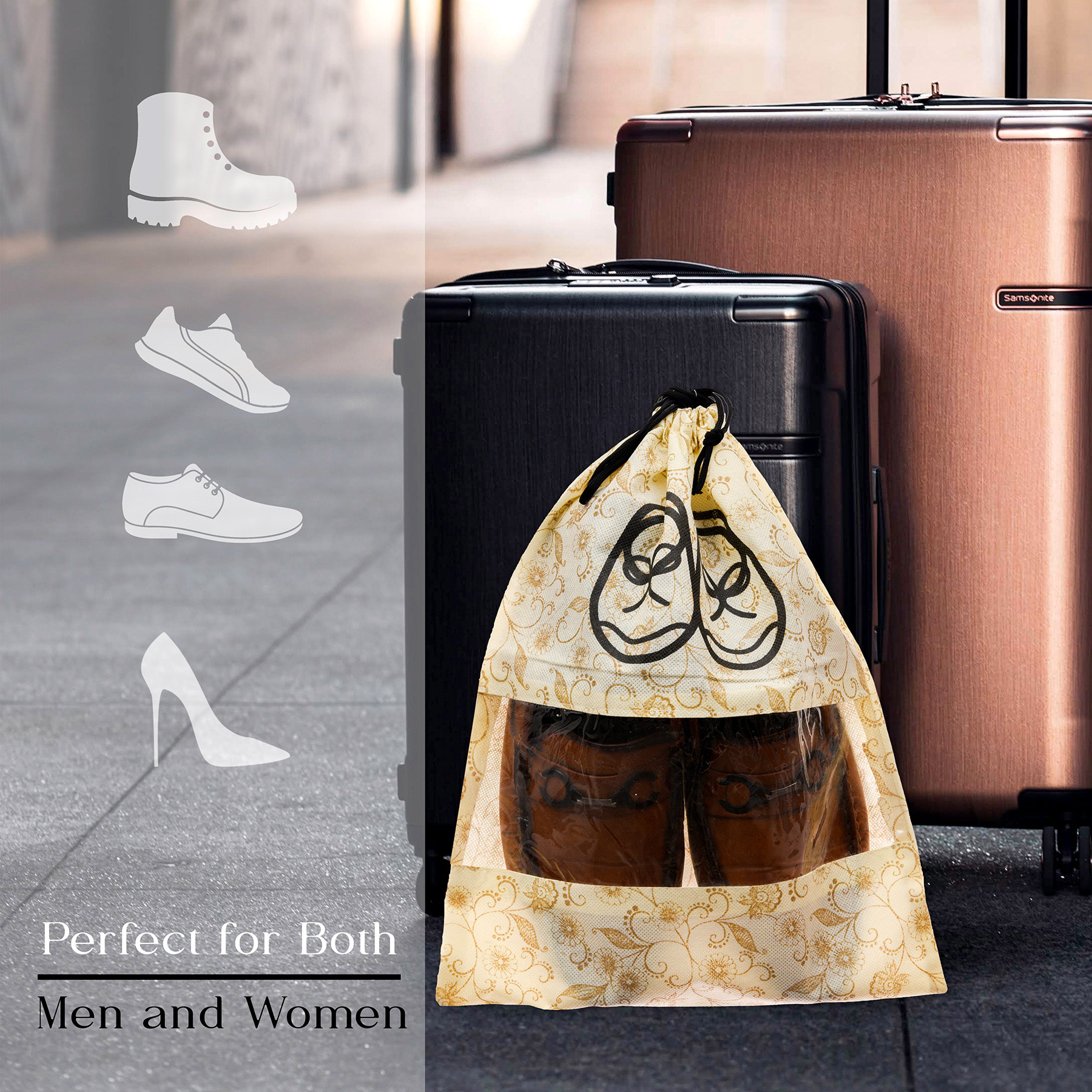 Kuber Industries Shoe Cover | Travel Shoe Storage Bags | Non-Woven Storage Bags | Shoe Cover with Drawstring | Shoe Organizer with Clear window | Leaf-Design |Cream
