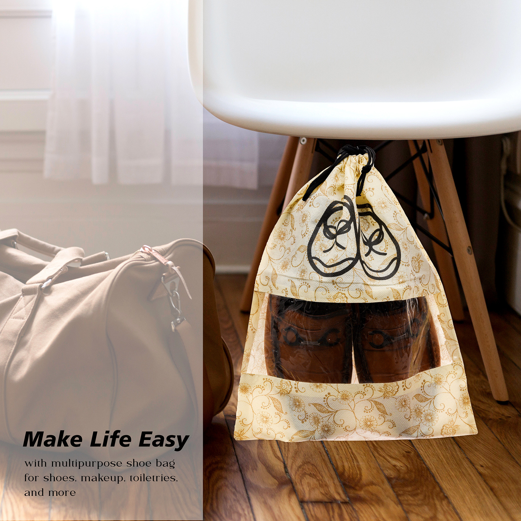 Kuber Industries Shoe Cover | Travel Shoe Storage Bags | Non-Woven Storage Bags | Shoe Cover with Drawstring | Shoe Organizer with Clear window | Leaf-Design |Cream