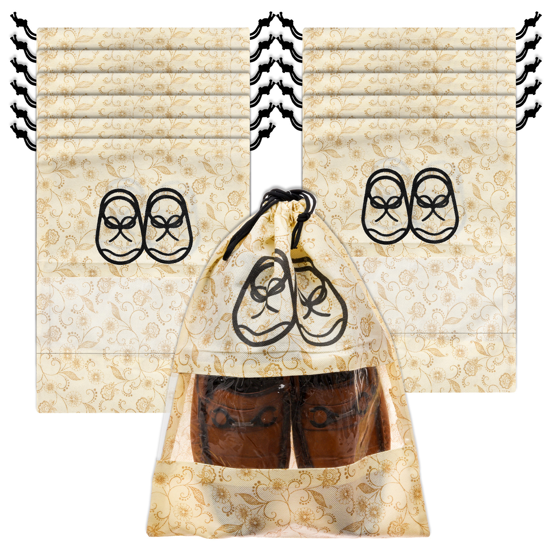 Kuber Industries Shoe Cover | Travel Shoe Storage Bags | Non-Woven Storage Bags | Shoe Cover with Drawstring | Shoe Organizer with Clear window | Leaf-Design |Cream