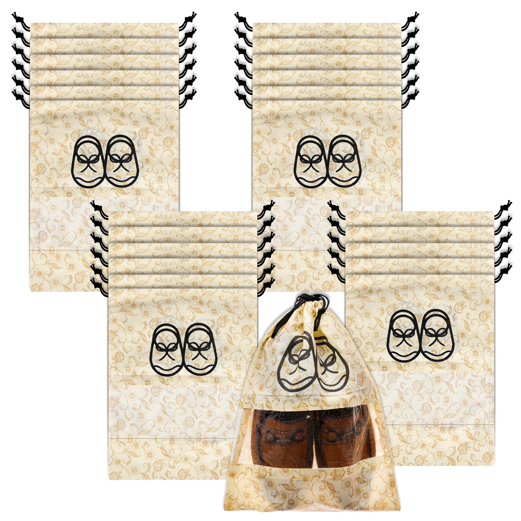 Kuber Industries Shoe Cover | Travel Shoe Storage Bags | Non-Woven Storage Bags | Shoe Cover with Drawstring | Shoe Organizer with Clear window | Leaf-Design |Cream