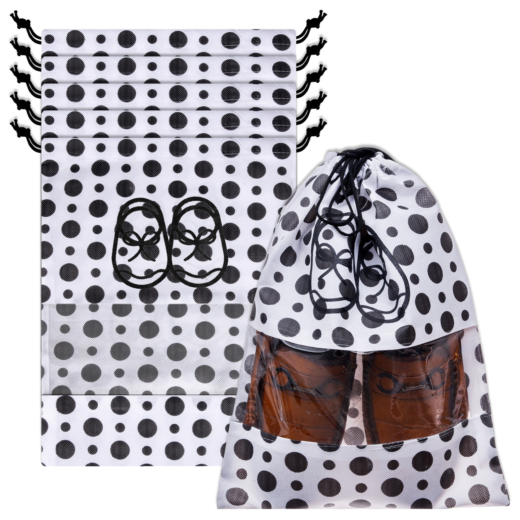 Kuber Industries Shoe Cover | Travel Shoe Storage Bags | Non-Woven Storage Bags | Shoe Cover with Drawstring | Shoe Organizer with Clear window | Black Dot-Design | White