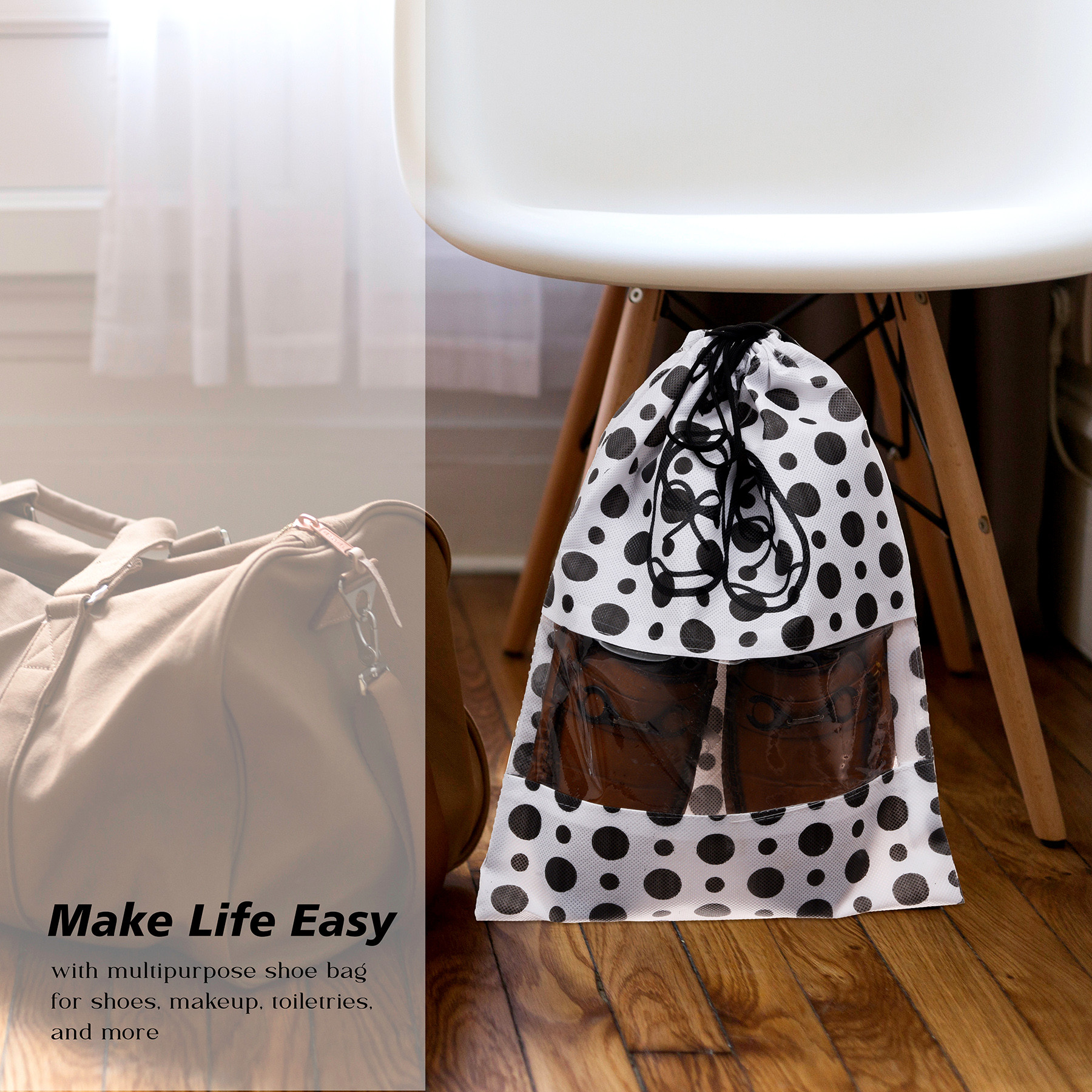 Kuber Industries Shoe Cover | Travel Shoe Storage Bags | Non-Woven Storage Bags | Shoe Cover with Drawstring | Shoe Organizer with Clear window | Black Dot-Design | White
