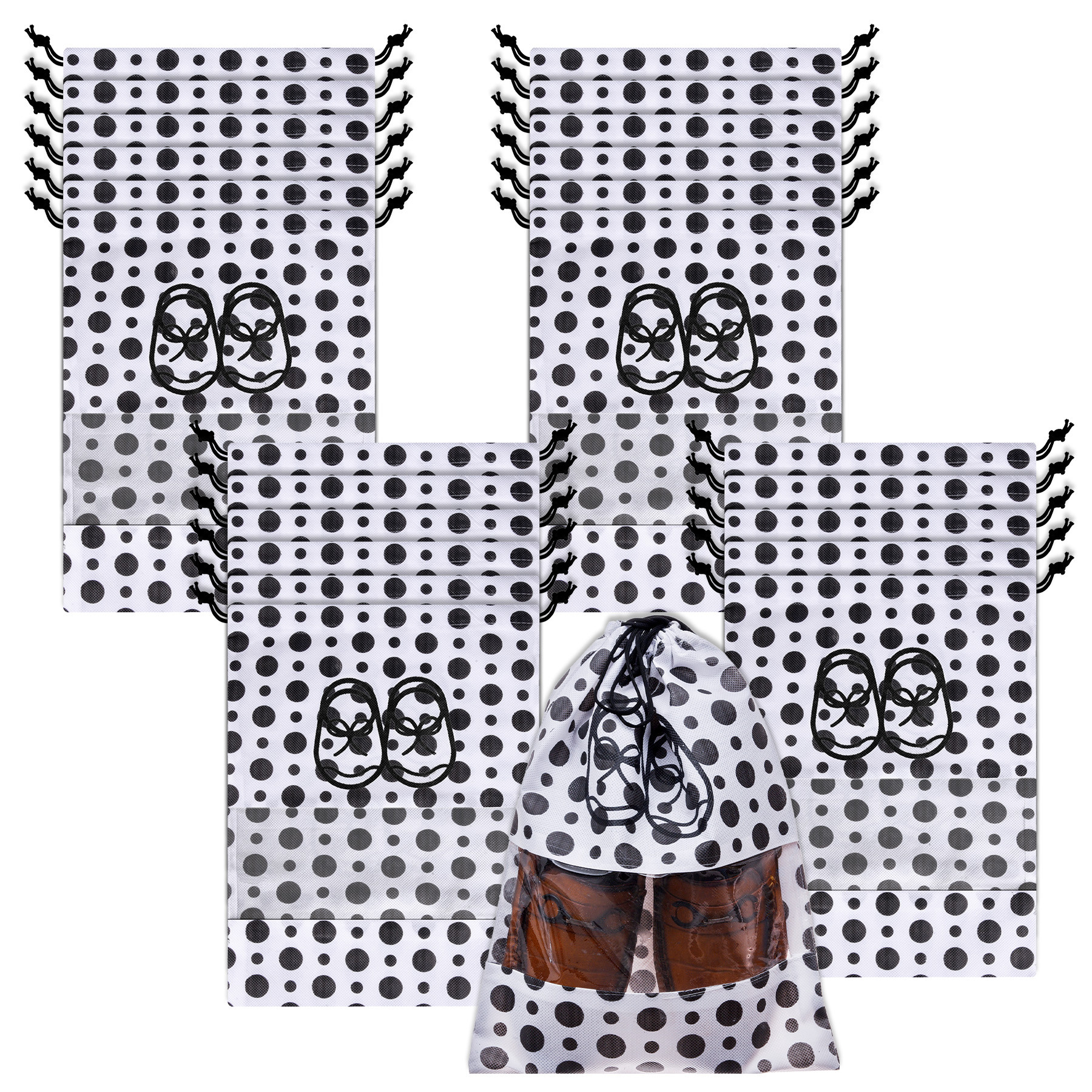 Kuber Industries Shoe Cover | Travel Shoe Storage Bags | Non-Woven Storage Bags | Shoe Cover with Drawstring | Shoe Organizer with Clear window | Black Dot-Design | White