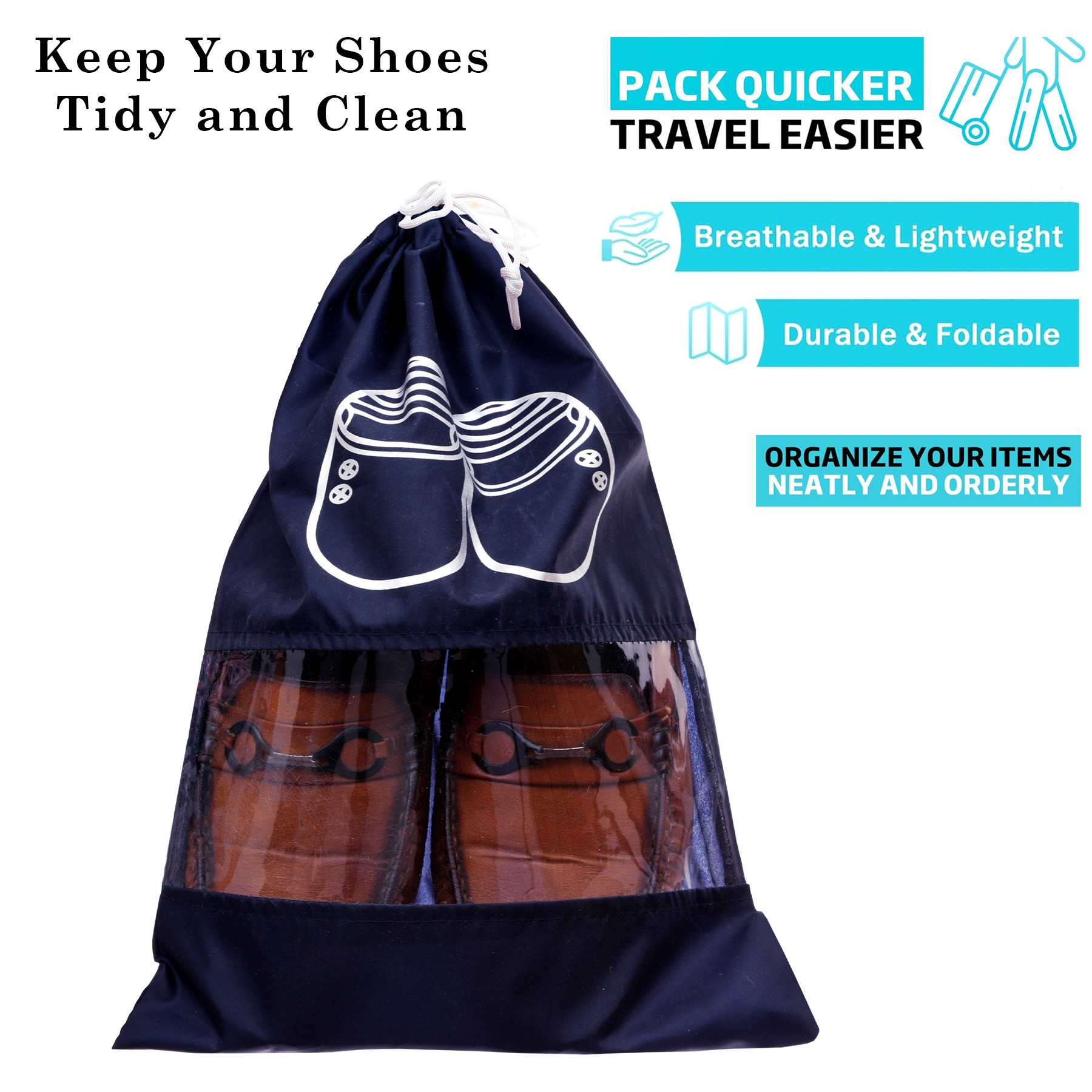 Kuber Industries Shoe Cover  Travel Shoe Storage Bags  Polyester Storage Bags  Drawstring Shoe Cover  Clear Transparent Shoe Storage Organizer  Pack of 6  Navy Blue