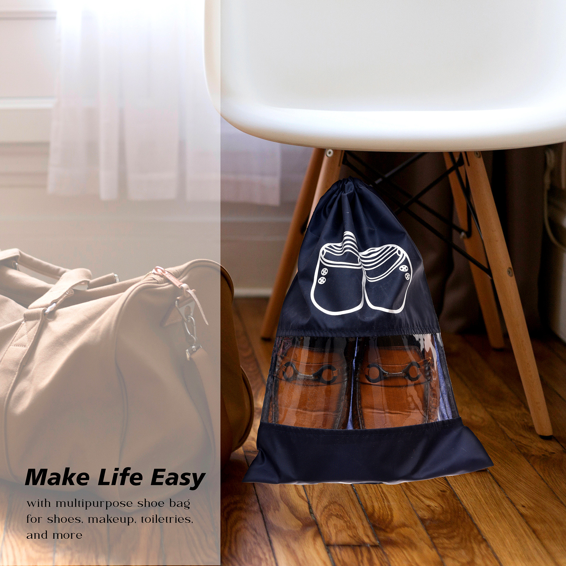 Kuber Industries Shoe Cover  Travel Shoe Storage Bags  Polyester Storage Bags  Drawstring Shoe Cover  Clear Transparent Shoe Storage Organizer  Pack of 6  Navy Blue