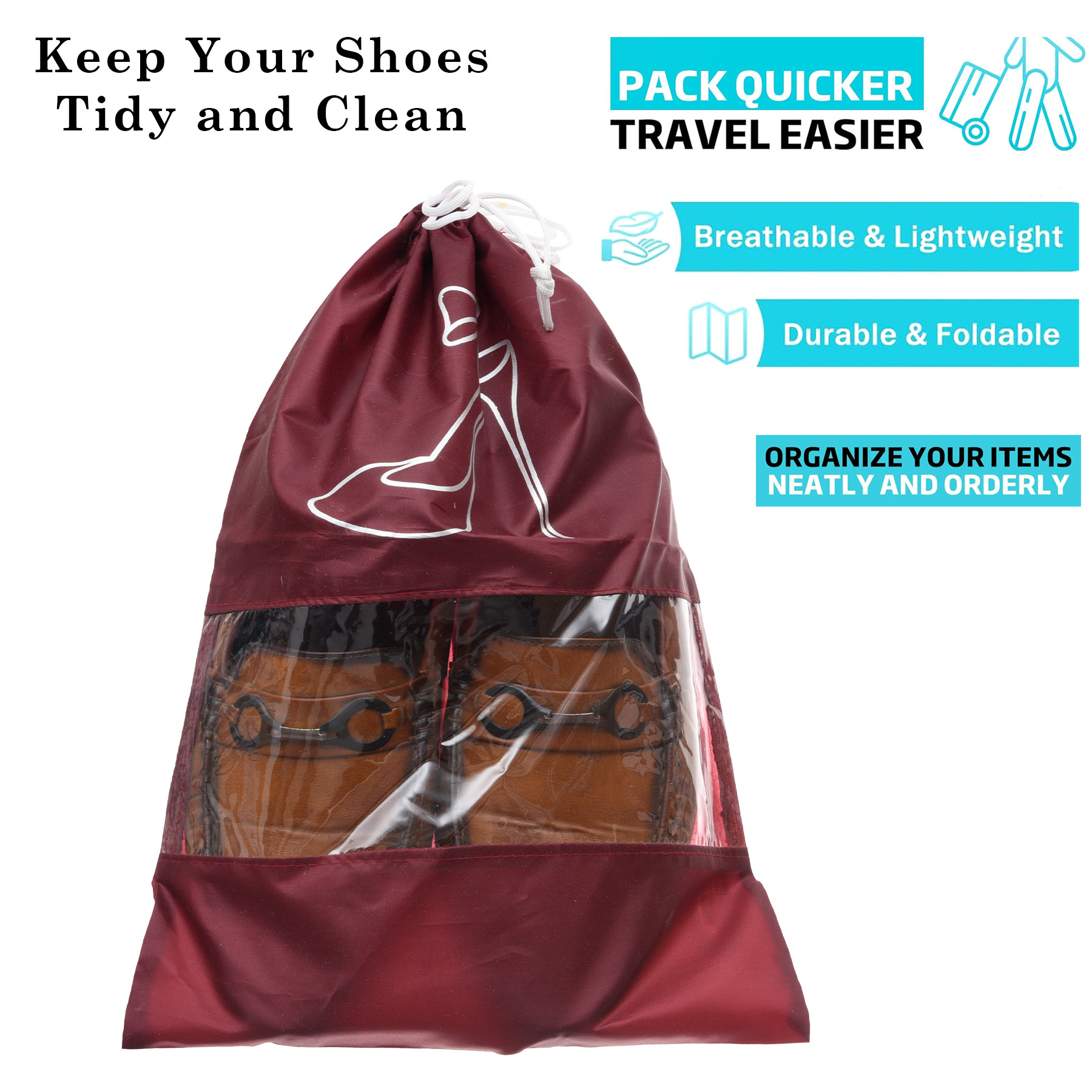 Kuber Industries Shoe Cover  Travel Shoe Storage Bags  Polyester Storage Bags  Drawstring Shoe Cover  Clear Transparent Shoe Storage Organizer  Pack of 6  Maroon