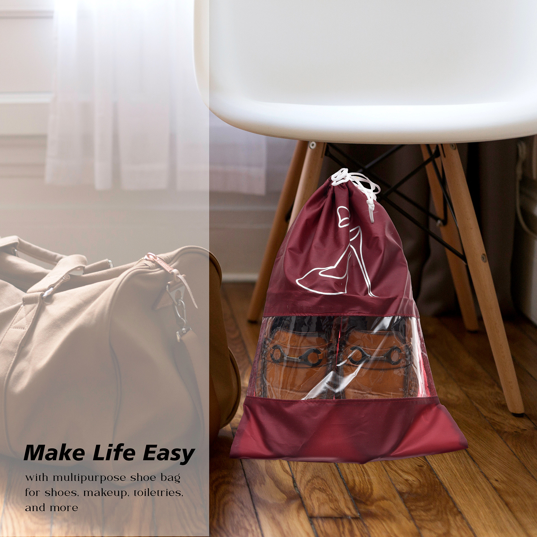 Kuber Industries Shoe Cover  Travel Shoe Storage Bags  Polyester Storage Bags  Drawstring Shoe Cover  Clear Transparent Shoe Storage Organizer  Pack of 6  Maroon