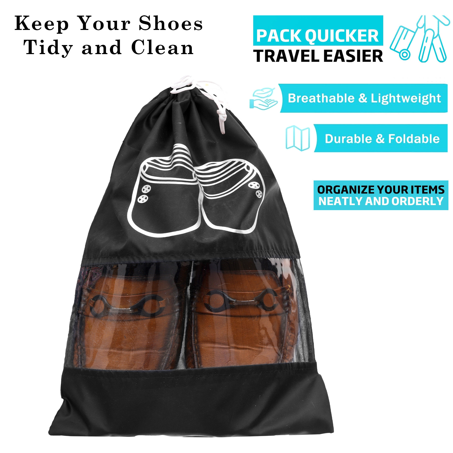 Kuber Industries Shoe Cover  Travel Shoe Storage Bags  Polyester Storage Bags  Drawstring Shoe Cover  Clear Transparent Shoe Storage Organizer  Pack of 6  Black