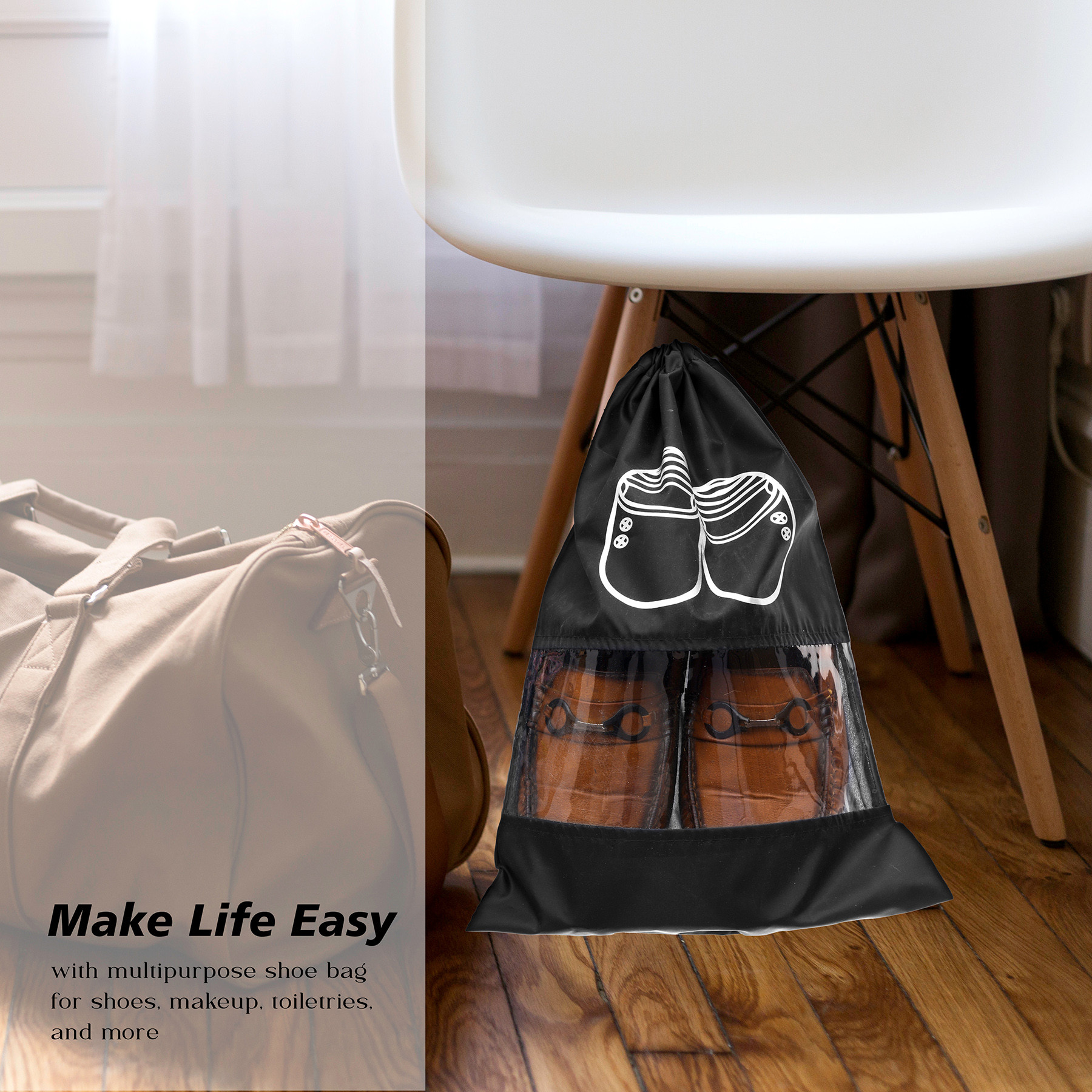 Kuber Industries Shoe Cover  Travel Shoe Storage Bags  Polyester Storage Bags  Drawstring Shoe Cover  Clear Transparent Shoe Storage Organizer  Pack of 6  Black