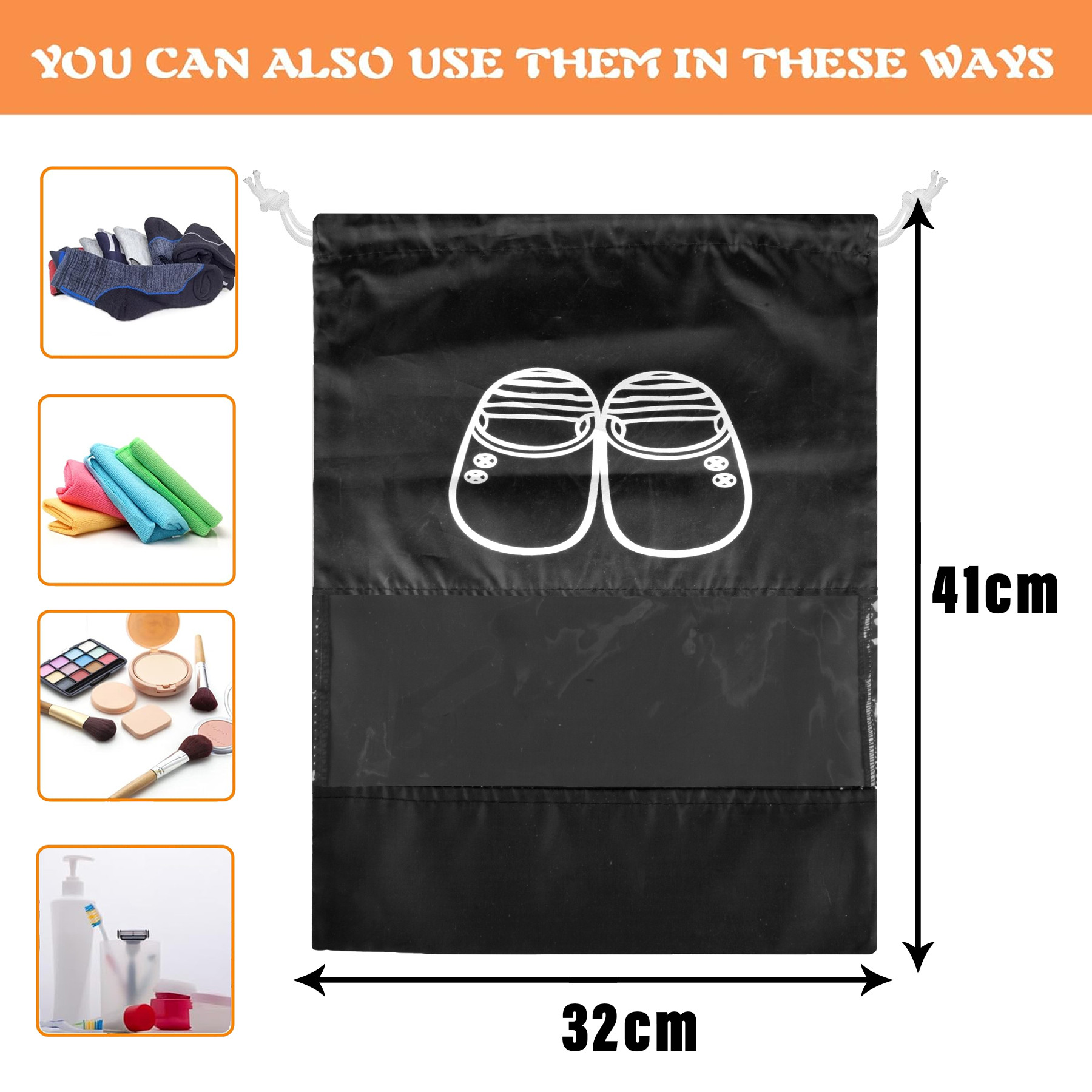 Kuber Industries Shoe Cover | Travel Shoe Storage Bags | Polyester Storage Bags | Drawstring Shoe Cover | Clear Transparent Shoe Storage Organizer |Black