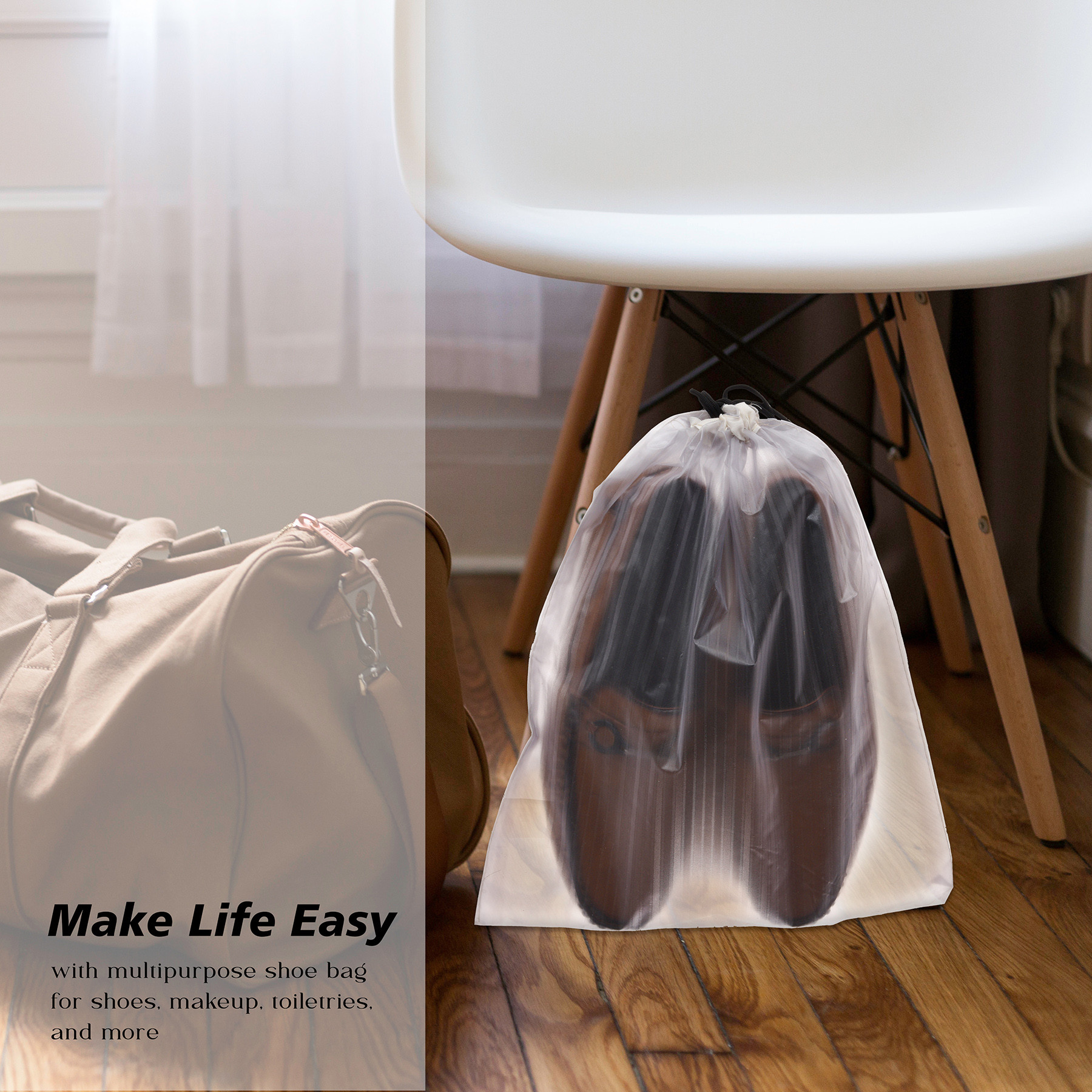 Kuber Industries Shoe Cover  Travel Shoe Storage Bags  PVC Storage Bags  Drawstring Shoe Cover  Transparent Shoe Storage Organizer  Lining-Design  Pack of 6  White