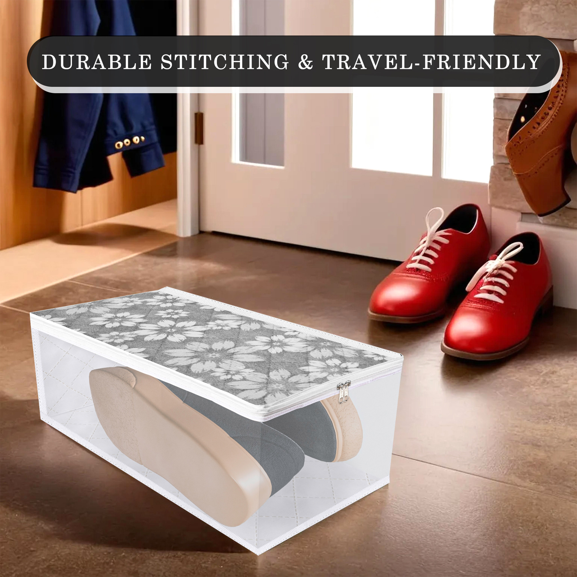 Kuber Industries Shoe Cover  Waterproof Shoe Storage Bag  Travel Shoe Storage Bag  Side Visible Window Shoe Organizer  Shoe Protector Bag  Flower Quilted  Pack of 2  Golden