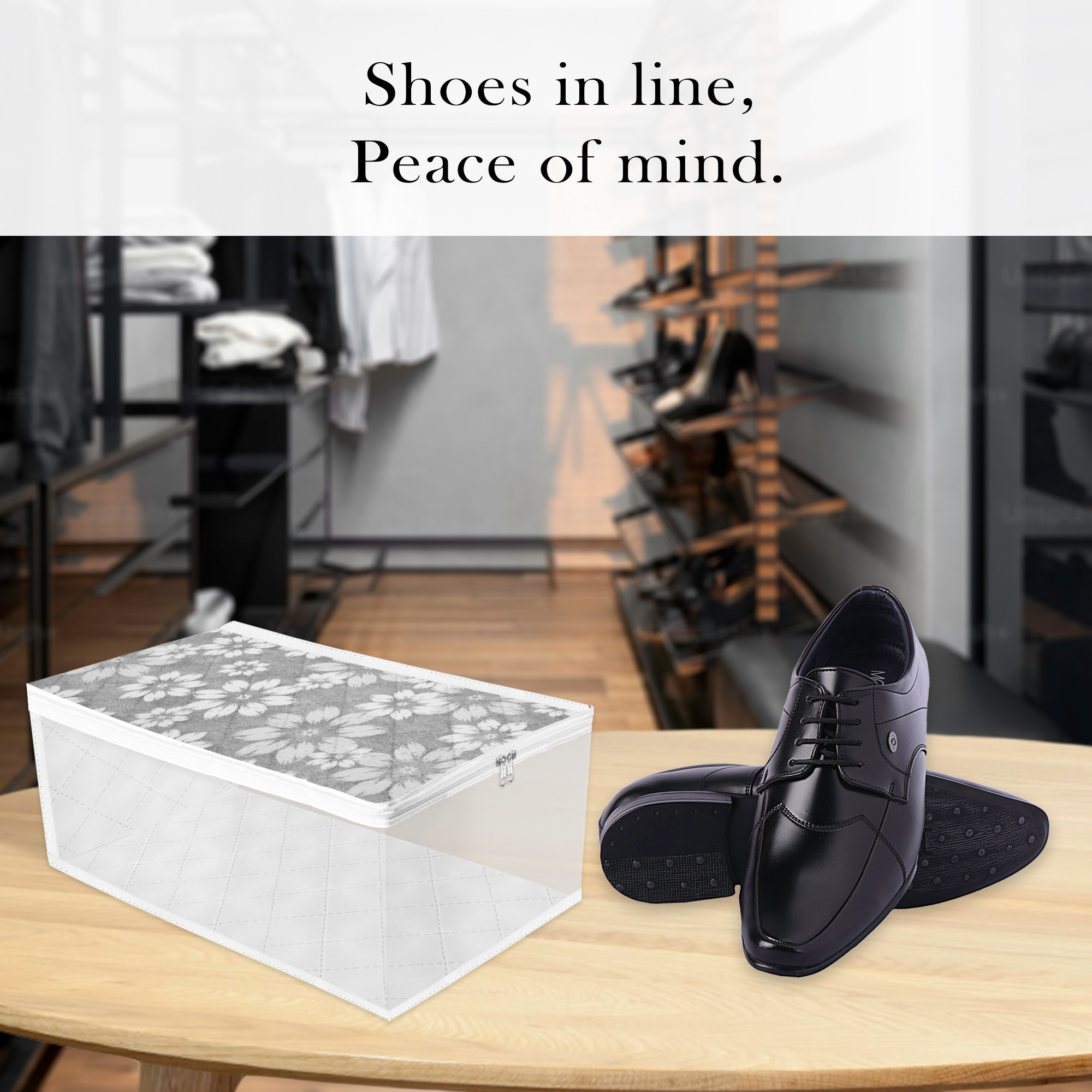 Kuber Industries Shoe Cover  Waterproof Shoe Storage Bag  Travel Shoe Storage Bag  Side Visible Window Shoe Organizer  Shoe Protector Bag  Flower Quilted  Pack of 2  Golden