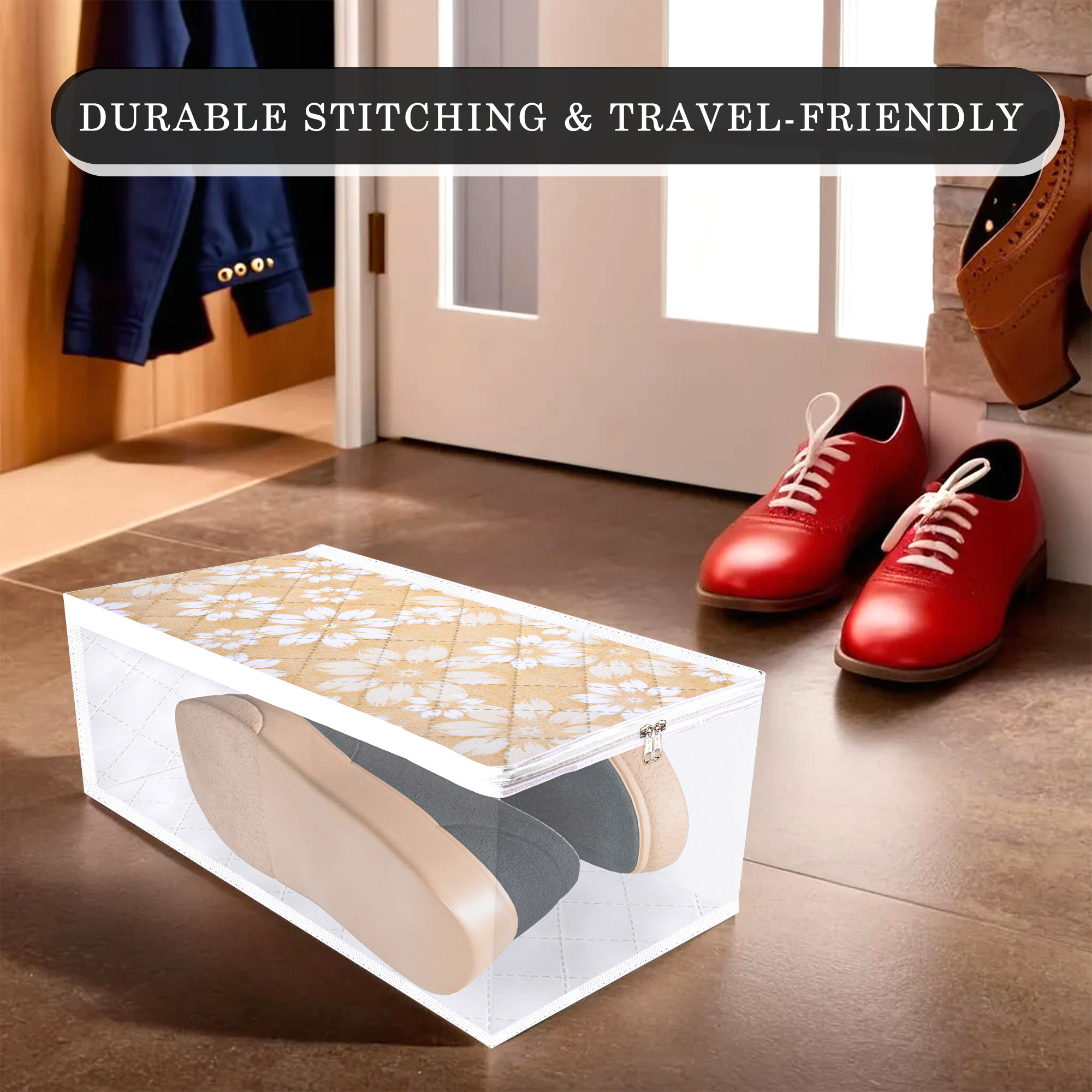 Kuber Industries Shoe Cover  Waterproof Shoe Storage Bag  Travel Shoe Storage Bag  Side Visible Window Shoe Organizer  Shoe Protector Bag  Flower Quilted  Pack of 2  Gray