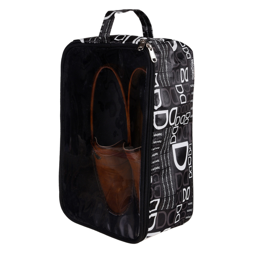 Kuber Industries Shoe Kit | Rexine D Print Travel Slipper Storage Bag | Lightweight &amp; Portable Shaving Kit | Transparent Top Toiletry Organizer with Handle | Black