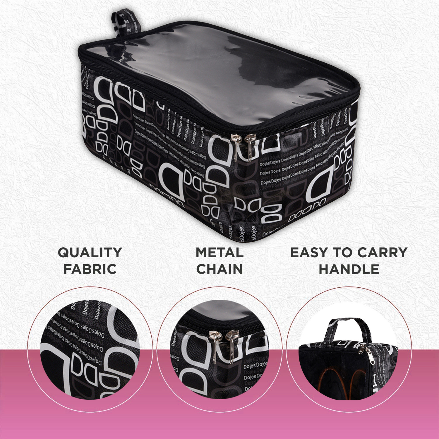 Kuber Industries Shoe Kit | Rexine D Print Travel Slipper Storage Bag | Lightweight & Portable Shaving Kit | Transparent Top Toiletry Organizer with Handle | Black