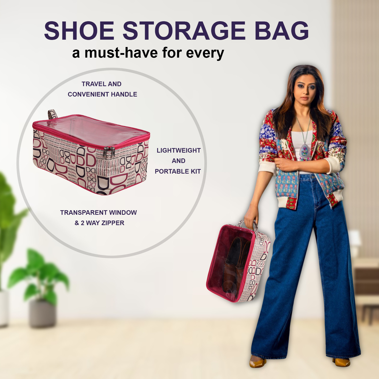 Kuber Industries Shoe Kit | Rexine D Print Travel Slipper Storage Bag | Lightweight & Portable Shaving Kit | Transparent Top Toiletry Organizer with Handle | Pink