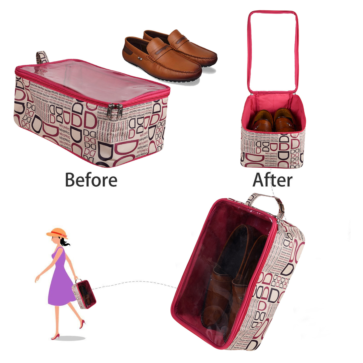 Kuber Industries Shoe Kit | Rexine D Print Travel Slipper Storage Bag | Lightweight & Portable Shaving Kit | Transparent Top Toiletry Organizer with Handle | Pink