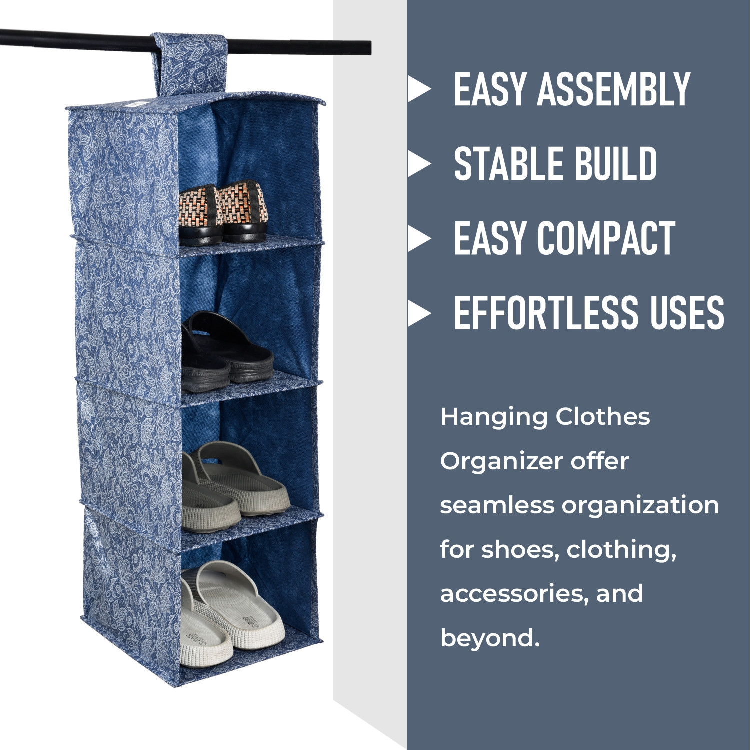 Kuber Industries Shoe Rack  4 Shelf Foldable Storage Rack  Clothes Hanging Organizer  Shoe Storage Organizer  Closet Organizer with Velcro  Shoe Rack Flower Printed  Navy Blue