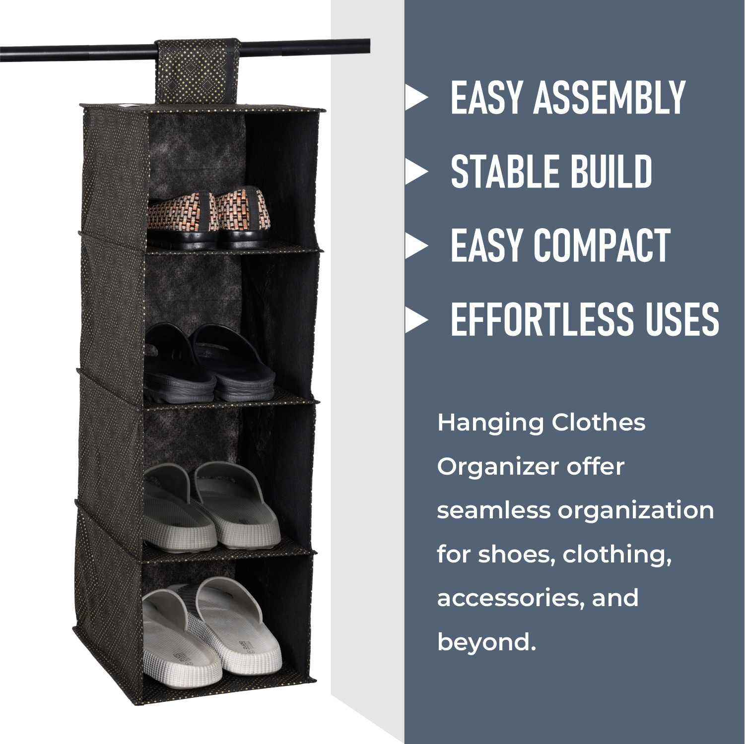 Kuber Industries Shoe Rack  4 Shelf Foldable Storage Rack  Clothes Hanging Organizer  Shoe Storage Organizer  Closet Organizer with Velcro  Shoe Rack Golden-Dot  Black
