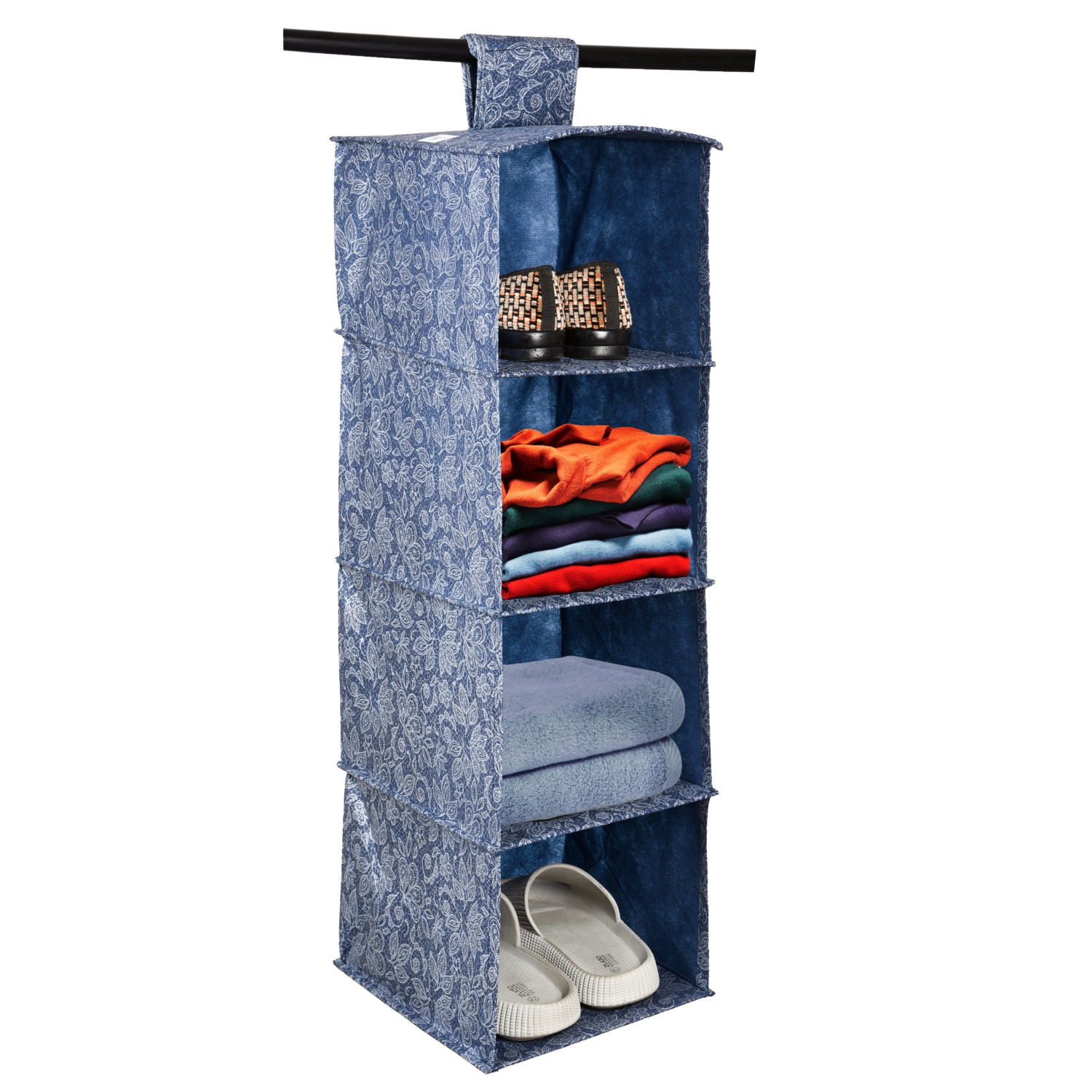 Kuber Industries Shoe Rack | 4 Shelf Foldable Storage Rack | Clothes Hanging Organizer | Shoe Storage Organizer | Closet Organizer with Velcro | Shoe Rack Flower Printed | Navy Blue