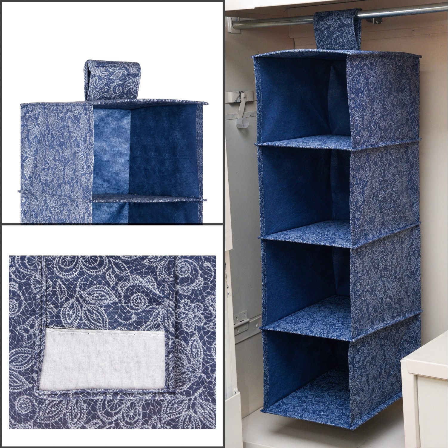 Kuber Industries Shoe Rack | 4 Shelf Foldable Storage Rack | Clothes Hanging Organizer | Shoe Storage Organizer | Closet Organizer with Velcro | Shoe Rack Flower Printed | Navy Blue
