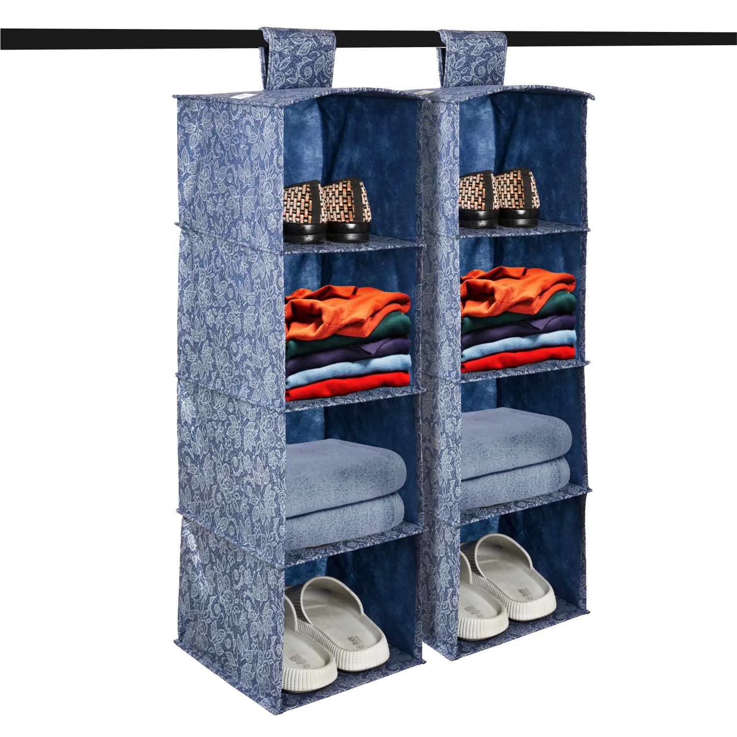 Kuber Industries Shoe Rack | 4 Shelf Foldable Storage Rack | Clothes Hanging Organizer | Shoe Storage Organizer | Closet Organizer with Velcro | Shoe Rack Flower Printed | Navy Blue
