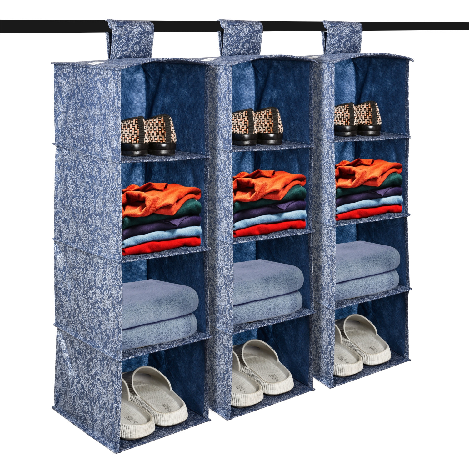Kuber Industries Shoe Rack | 4 Shelf Foldable Storage Rack | Clothes Hanging Organizer | Shoe Storage Organizer | Closet Organizer with Velcro | Shoe Rack Flower Printed | Navy Blue
