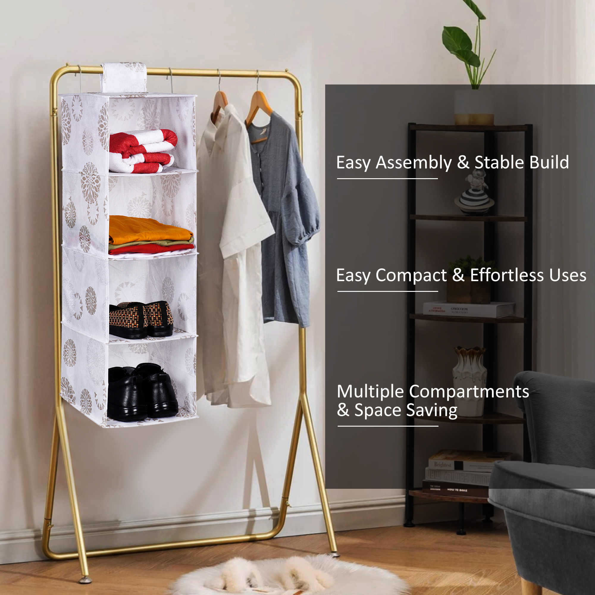 Kuber Industries Shoe Rack  4 Shelf Hanging Rack  Closet Organizer with Velcro  Foldable Shoe Rack for Closet  Clothes Organizer  Shoe Storage Organizer  Gola-Print  White