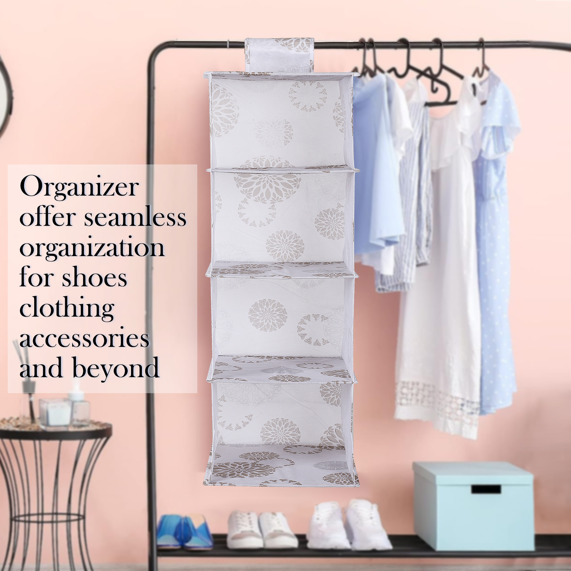 Kuber Industries Shoe Rack  4 Shelf Hanging Rack  Closet Organizer with Velcro  Foldable Shoe Rack for Closet  Clothes Organizer  Shoe Storage Organizer  Gola-Print  White