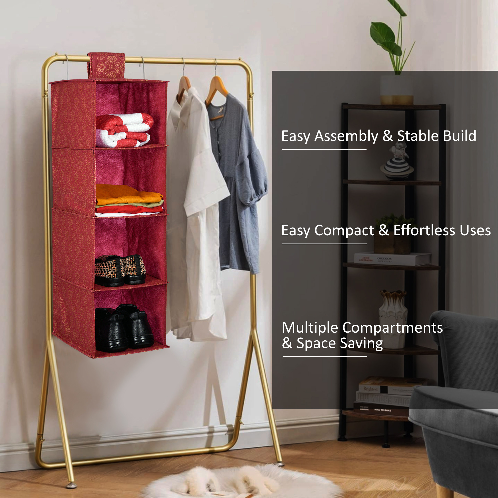 Kuber Industries Shoe Rack  4 Shelf Hanging Rack  Closet Organizer with Velcro  Foldable Shoe Rack for Closet  Clothes Organizer  Shoe Storage Organizer  Golden-Printed  Maroon