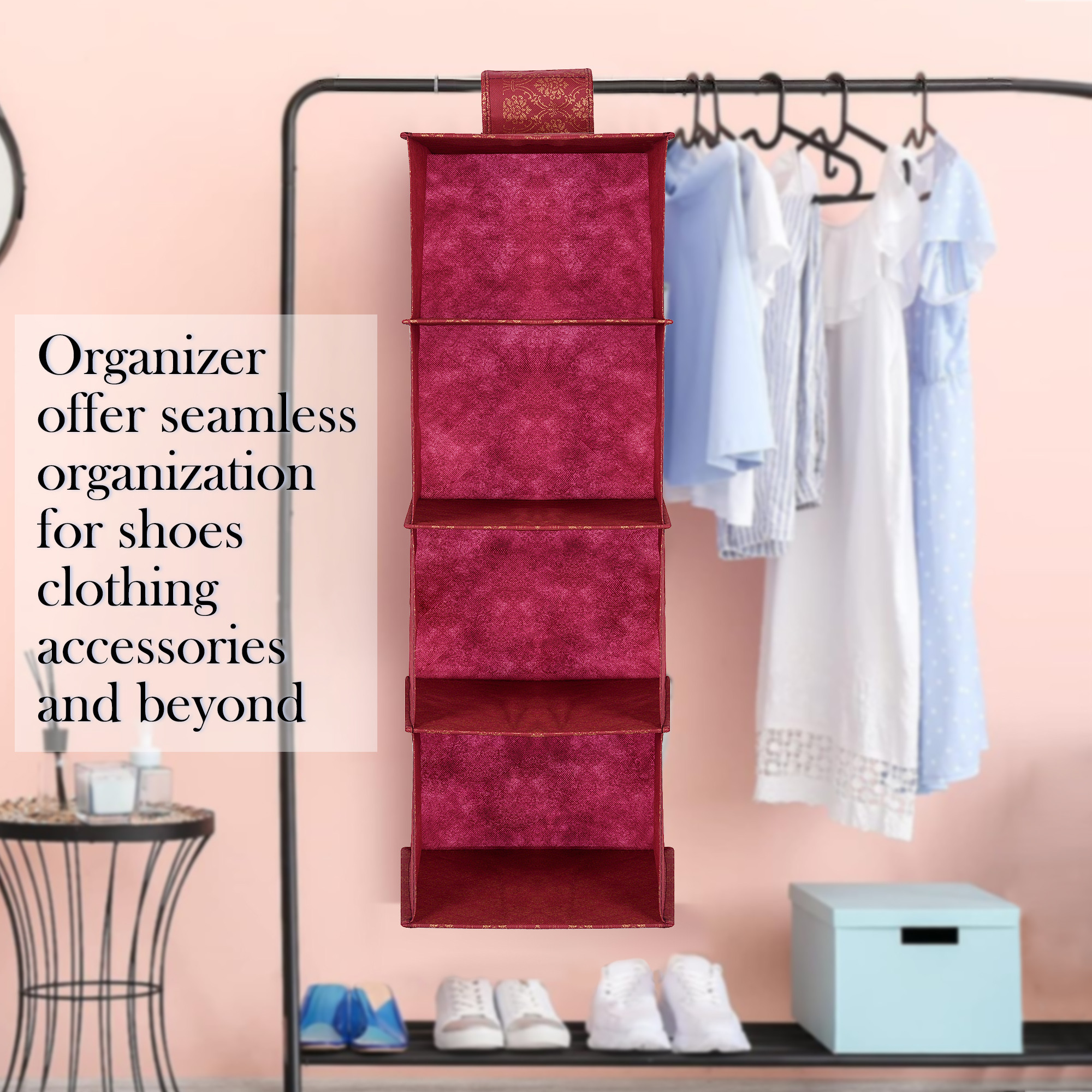 Kuber Industries Shoe Rack  4 Shelf Hanging Rack  Closet Organizer with Velcro  Foldable Shoe Rack for Closet  Clothes Organizer  Shoe Storage Organizer  Golden-Printed  Maroon
