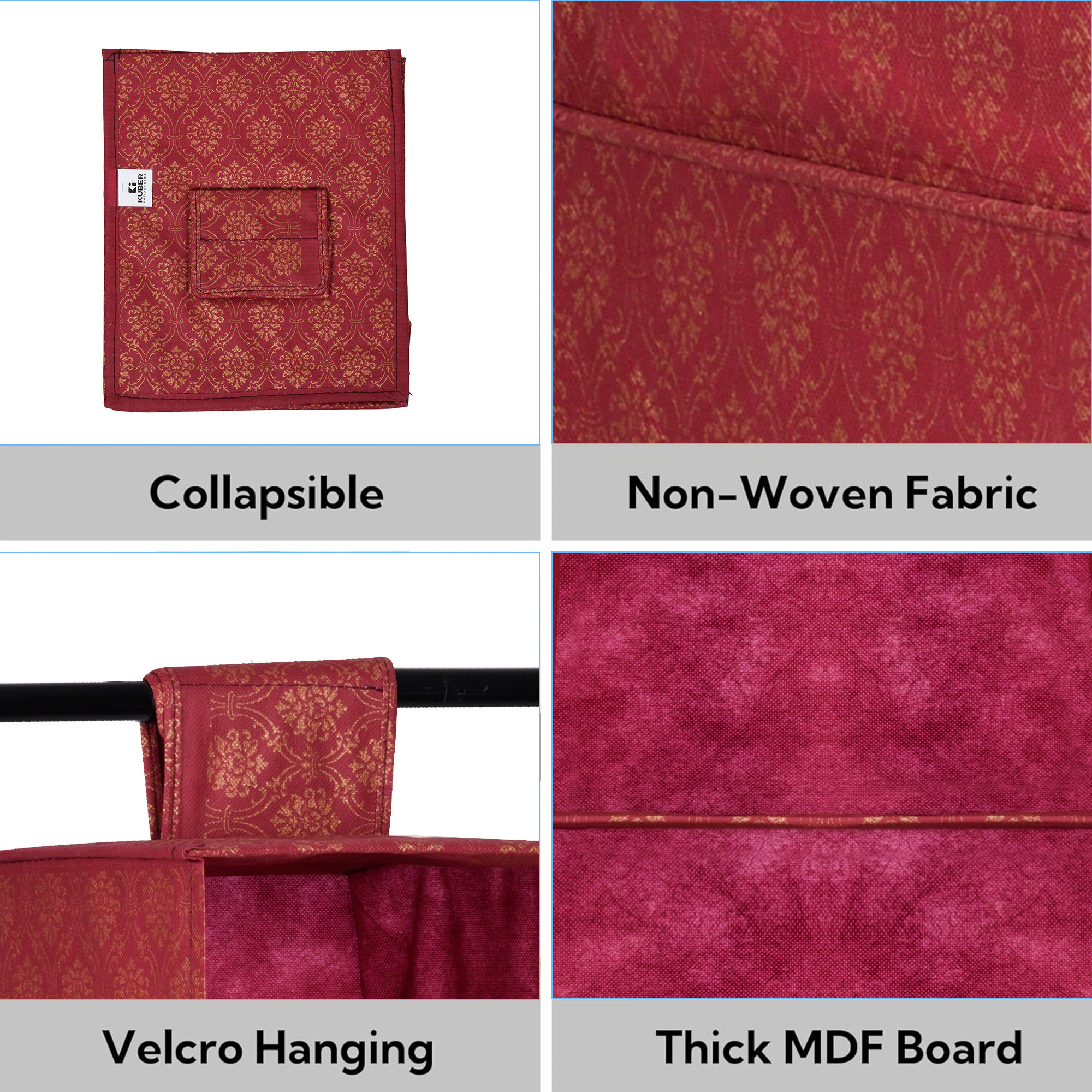 Kuber Industries Shoe Rack  4 Shelf Hanging Rack  Closet Organizer with Velcro  Foldable Shoe Rack for Closet  Clothes Organizer  Shoe Storage Organizer  Golden-Printed  Maroon