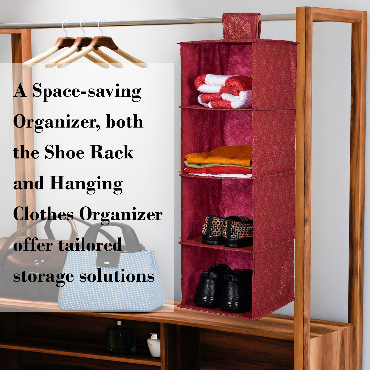 Kuber Industries Shoe Rack  4 Shelf Hanging Rack  Closet Organizer with Velcro  Foldable Shoe Rack for Closet  Clothes Organizer  Shoe Storage Organizer  Golden-Printed  Maroon