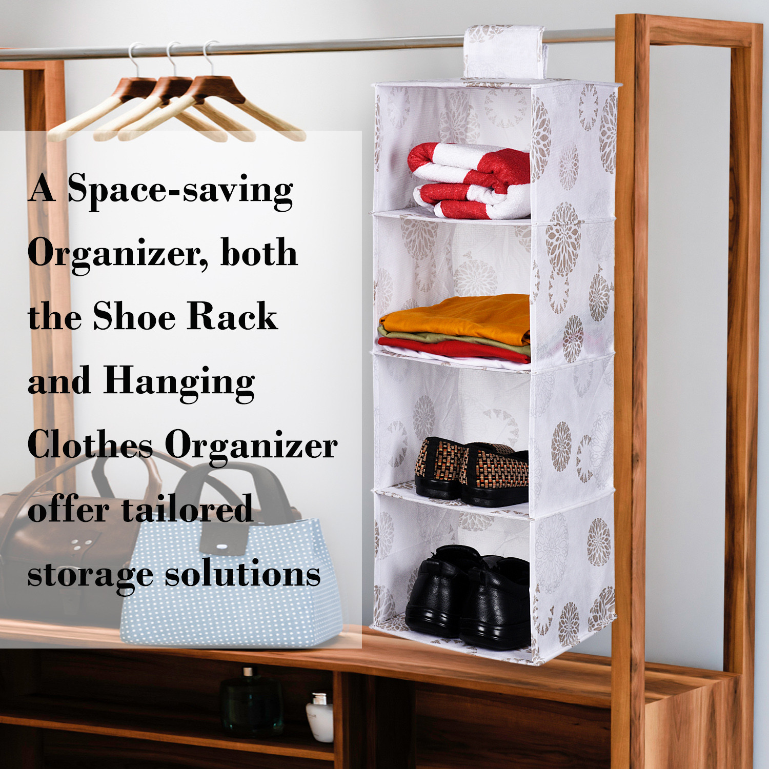 Kuber Industries Shoe Rack  4 Shelf Hanging Rack  Closet Organizer with Velcro  Foldable Shoe Rack for Closet  Clothes Organizer  Shoe Storage Organizer  Gola-Print  White