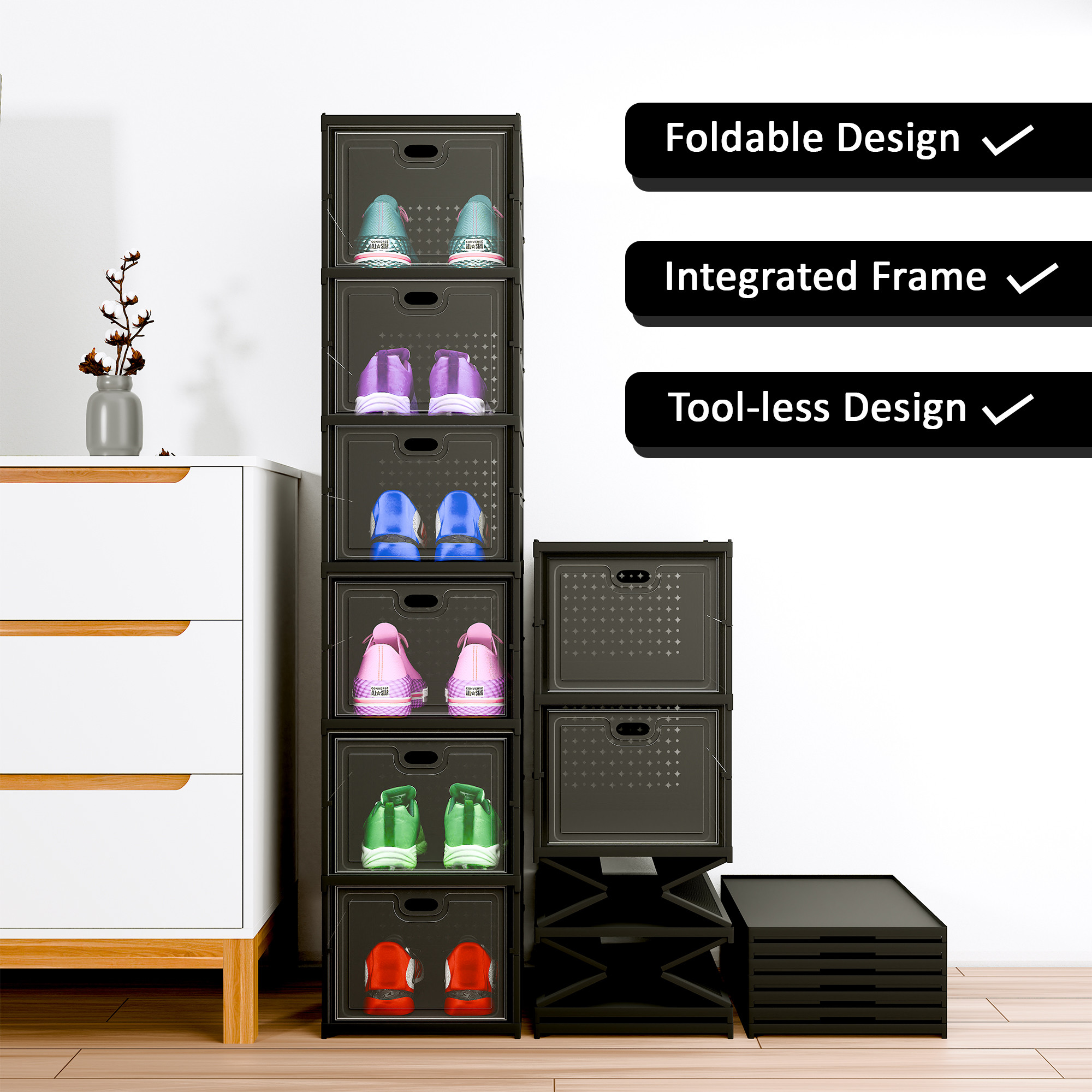 Kuber Industries Shoe Rack 6-Layer Foldable Sneakers Box  Storage Organizer for Shoe Slippers  Books  Storage Rack for Living Room  Multipurpose Cabinet Organizer  Matte Black