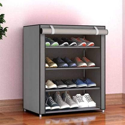 Kuber Industries Shoe Rack|Non-Woven 4 Shelves Shelf|Foldable Storage Rack Organizer for Shoe, Books (Grey)