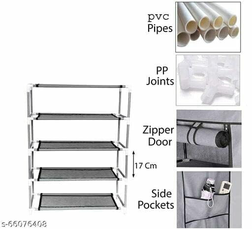 Kuber Industries Shoe Rack|Non-Woven 4 Shelves Shelf|Foldable Storage Rack Organizer for Shoe, Books (Grey)