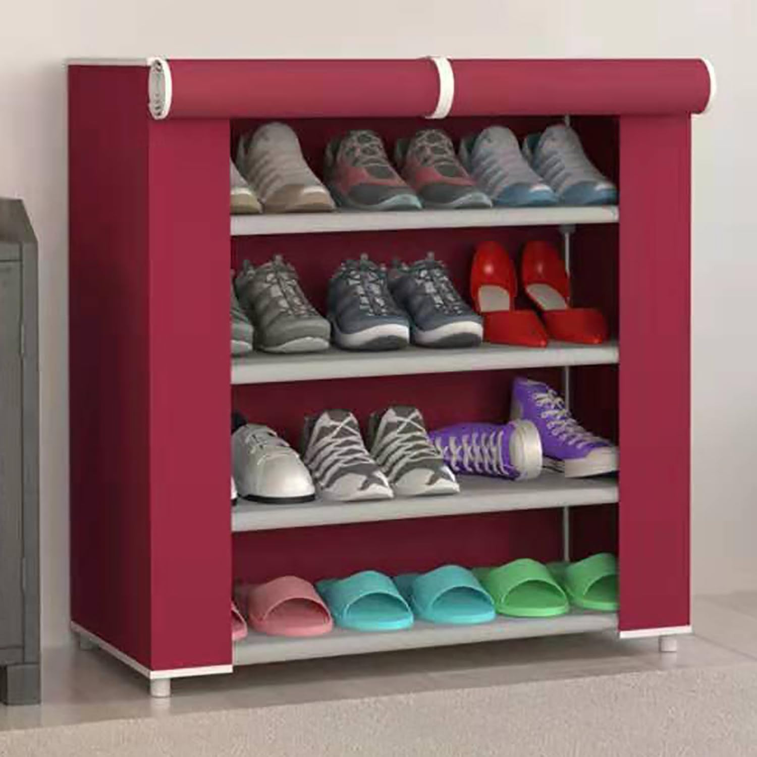 Kuber Industries Shoe Rack|Non-Woven 4 Shelves Shelf|Foldable Storage Rack Organizer for Shoe, Books (Maroon)